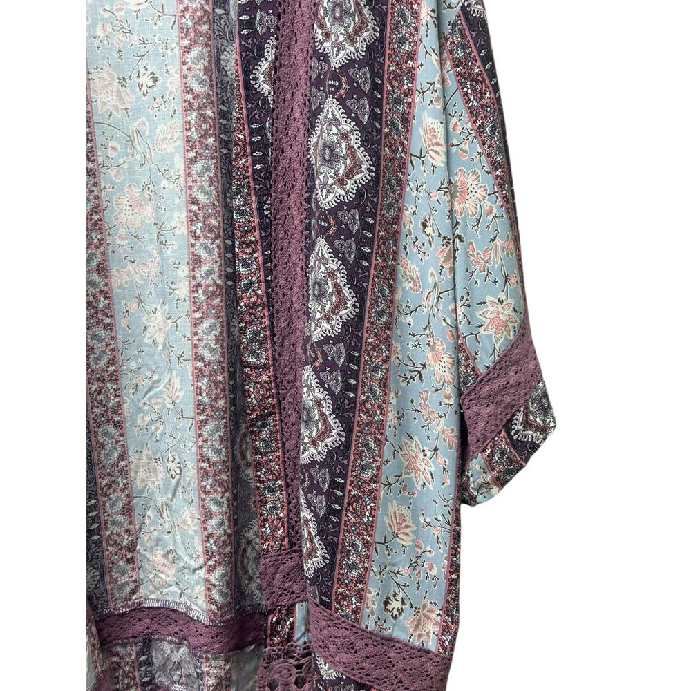 Andree by Unit Purple Lace Kimono M Paisley Fringe Boho Open Front‎ Shawl Jacket - Picture 4 of 10